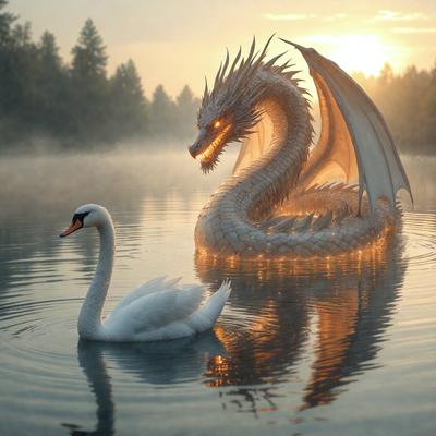 The primary subject of the image is a white swan swimming in a body of water. The swan is positioned in the foreground, with a large, glowing dragon or sea serpent in the background. The dragon appears to be a digital art or illustration, creating a unique and captivating scene. The colors in the image are predominantly white and blue, giving the scene a serene and peaceful atmosphere.